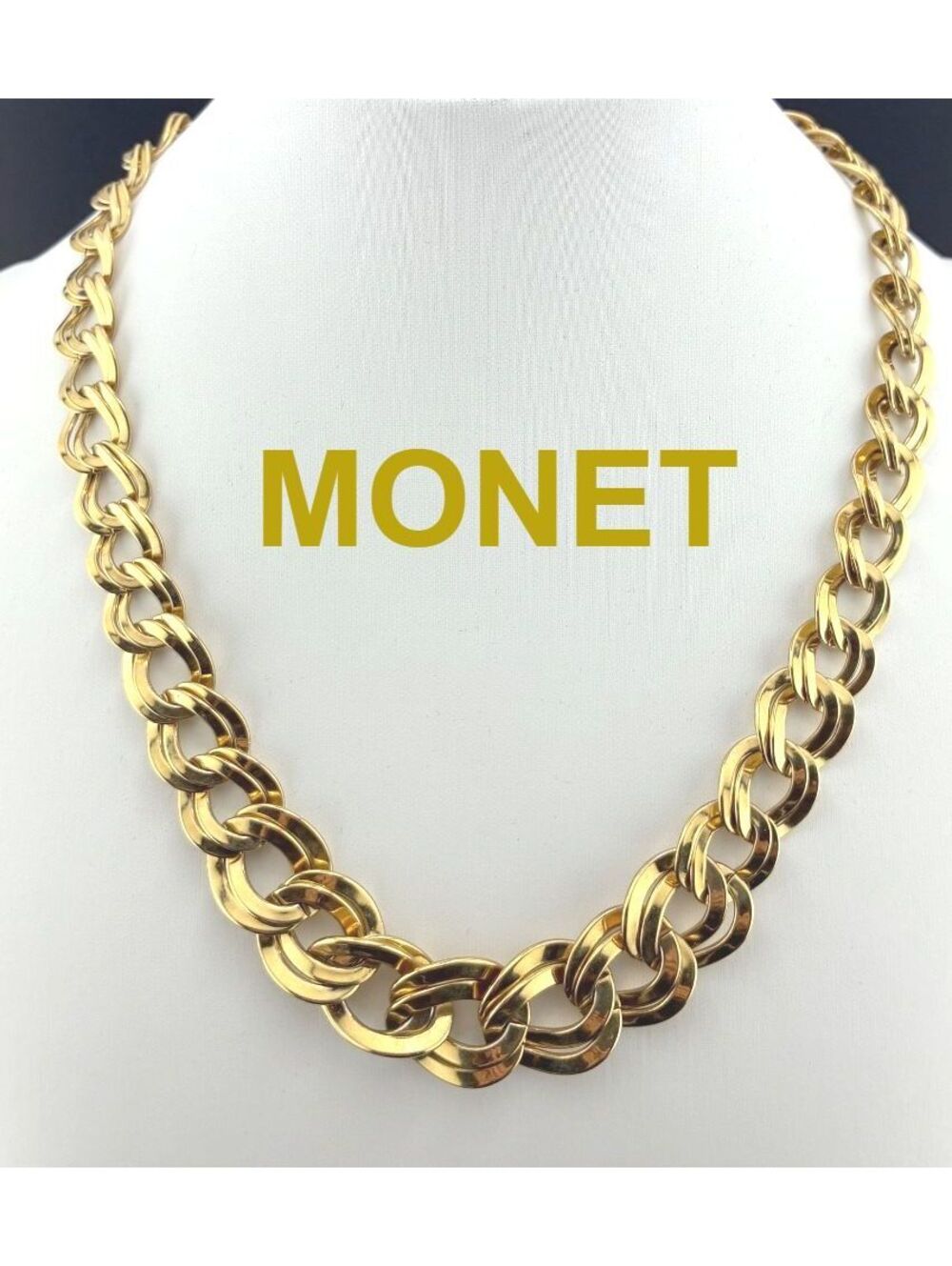 Vintage Monet Graduated Double Oval Links Chunky Gold Tone Chain Necklace 17-18"